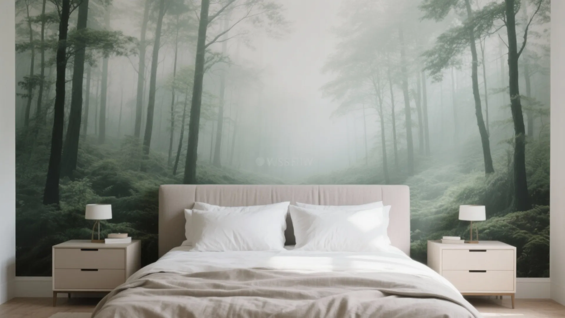 Modern bedroom featuring forest wall paper with foggy trees behind a bed and side tables