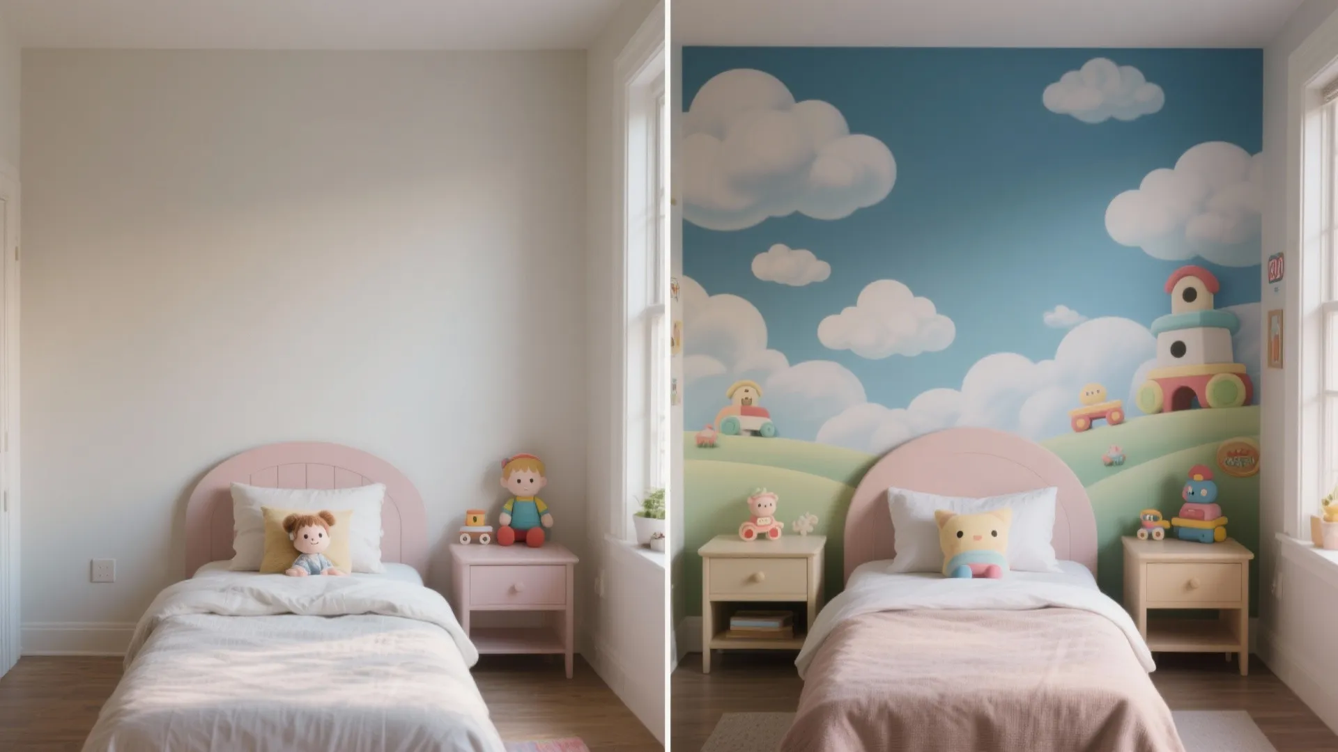 Split view showing before blank wall and after mural behind bed with whimsical cloudscape.