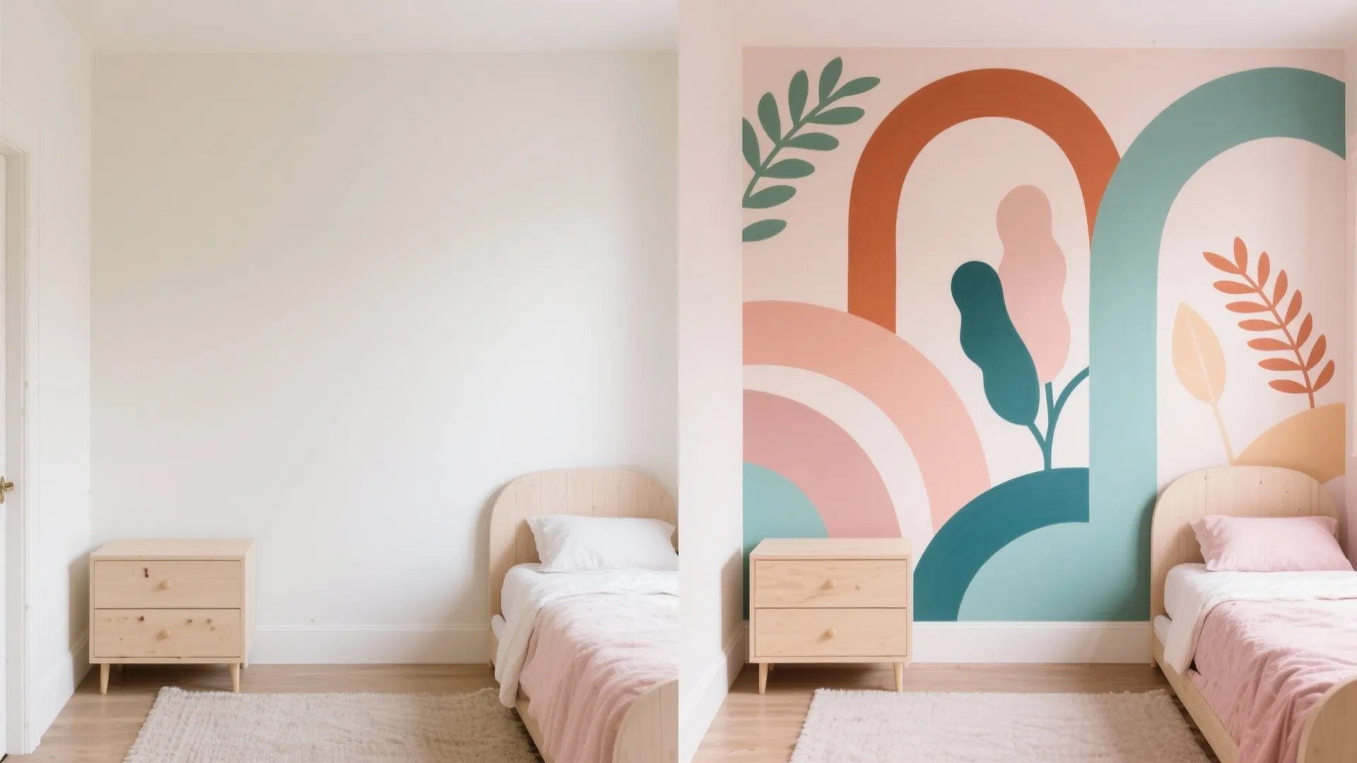 Nature-Inspired or Geometric Mural (Terracotta, Teal, Dusty Rose)