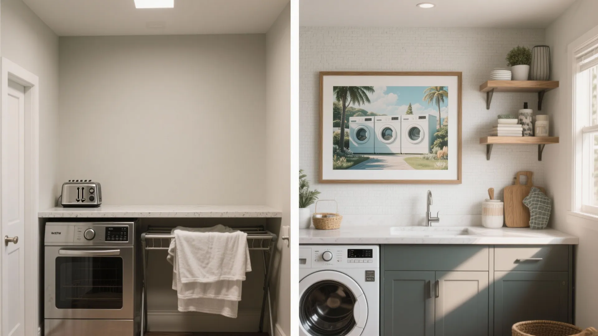 Before and after comparison of a plain laundry room versus one with cabinets and artwork