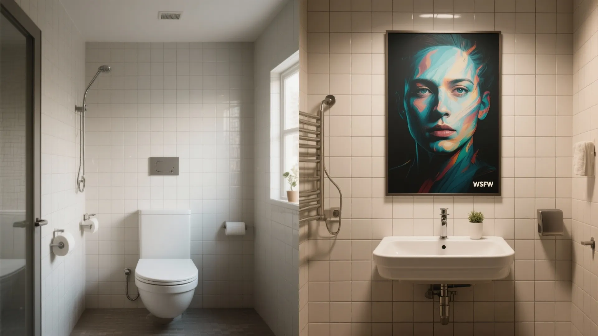 Before and after comparison of a plain white bathroom and a modern sink with portrait
