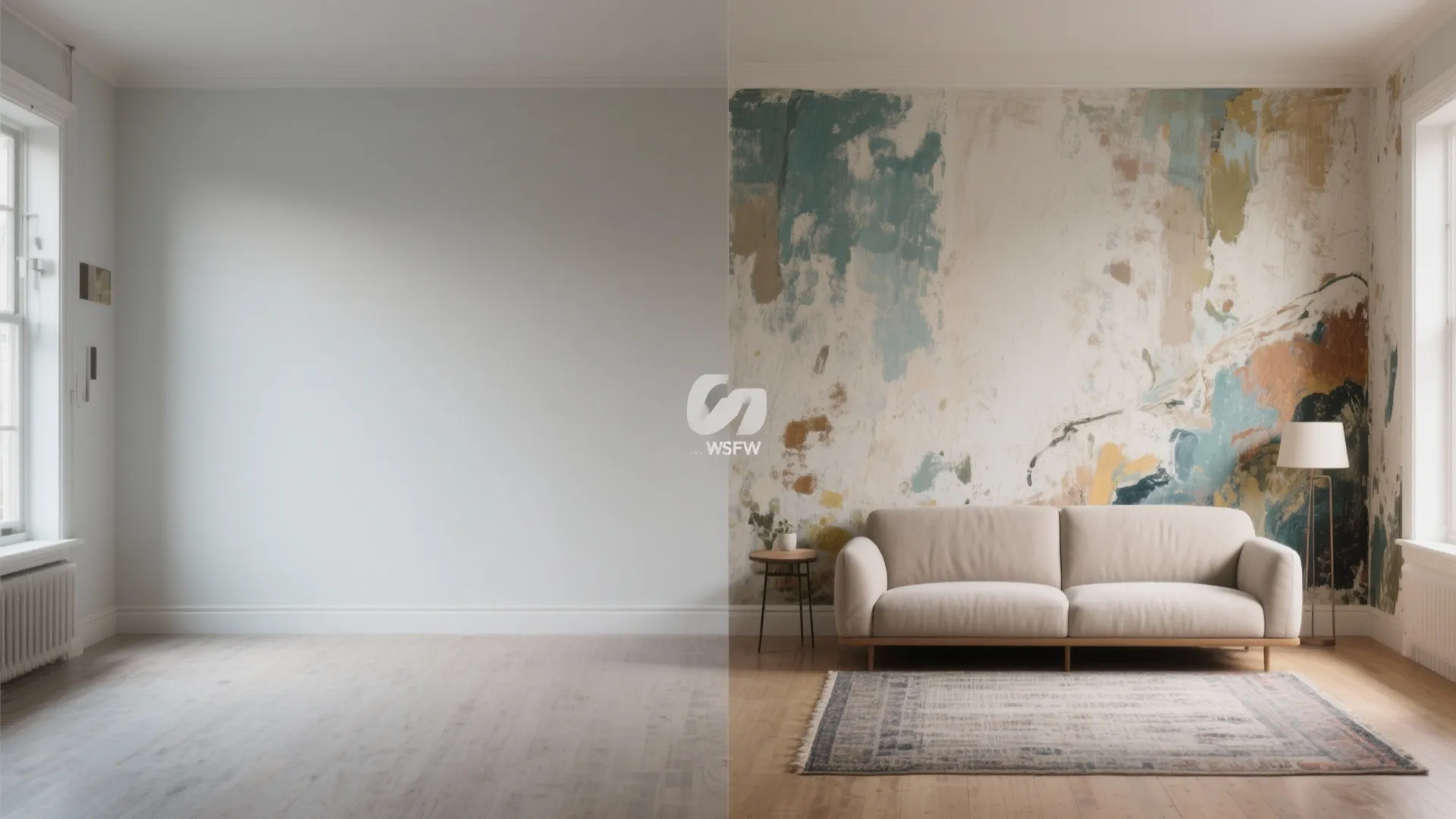 Split before-and-after view showing a plain wall versus a hand-painted mural and faux finish.