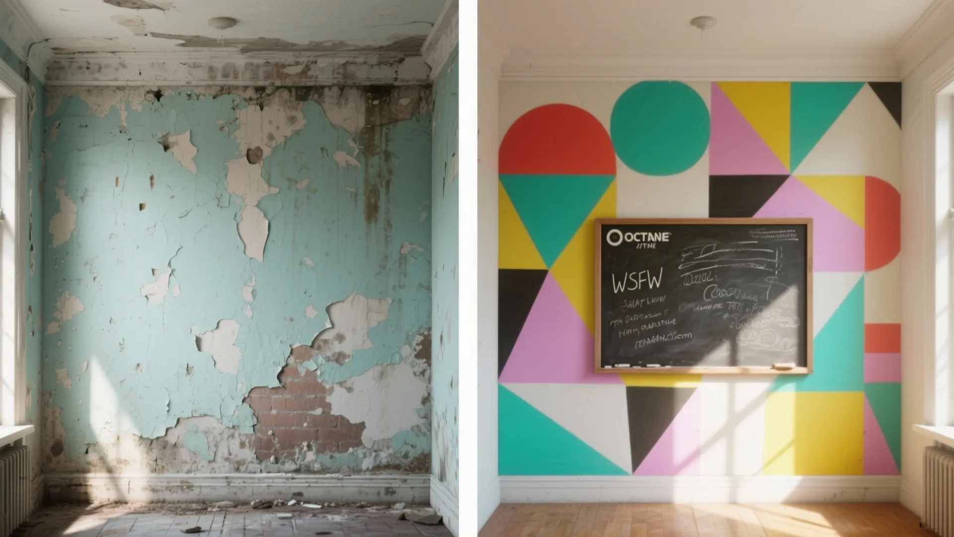 Before and after comparison showing a peeling teal wall transformed into a colorful geometric mural