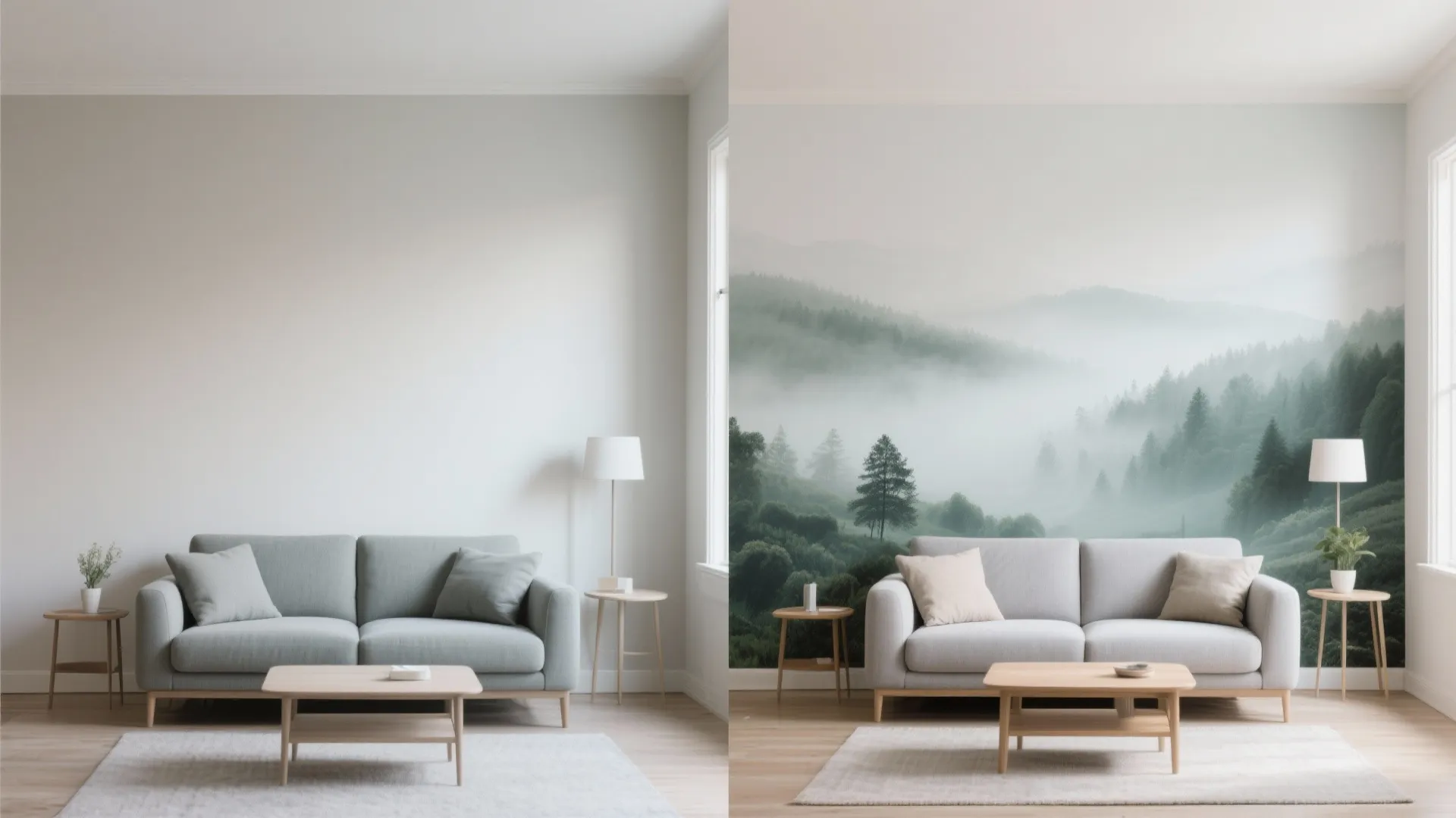 Before and after comparison of plain white wall versus a large forest mountain nature mural