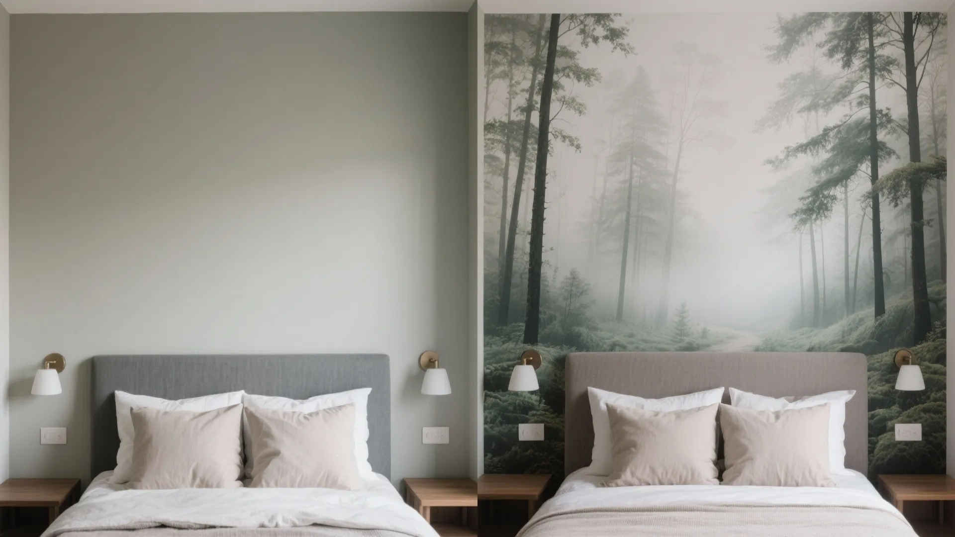 Before and after comparison of a plain bedroom wall versus a forest wall mural design