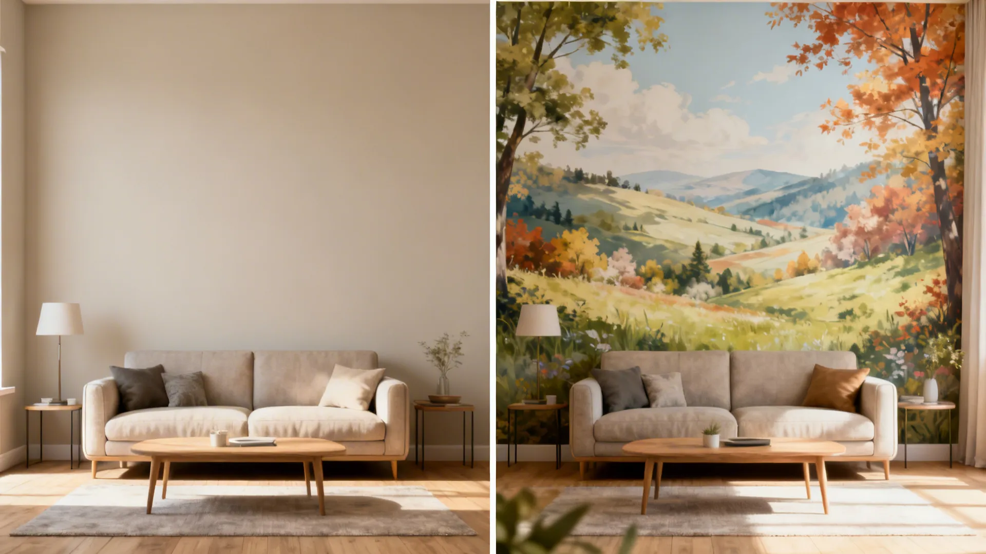 Before and after view of a small living room showing plain wall versus removable nature mural installation.