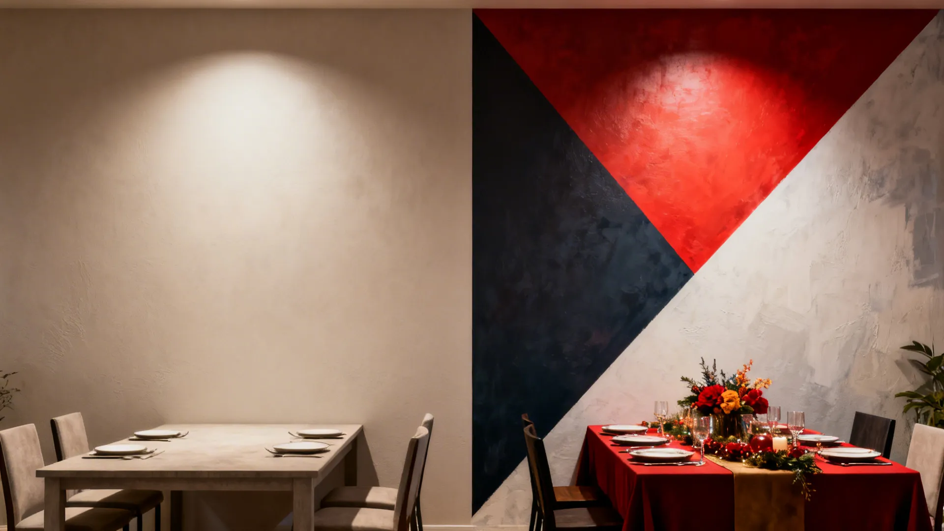 Before-and-after dining wall showing plain wall replaced by a bold two-tone geometric mural and festive table setting.