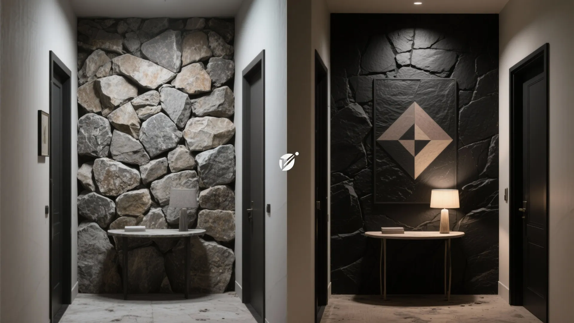 Before-and-after comparison of a light stone wall versus a dark textured stone wall with art