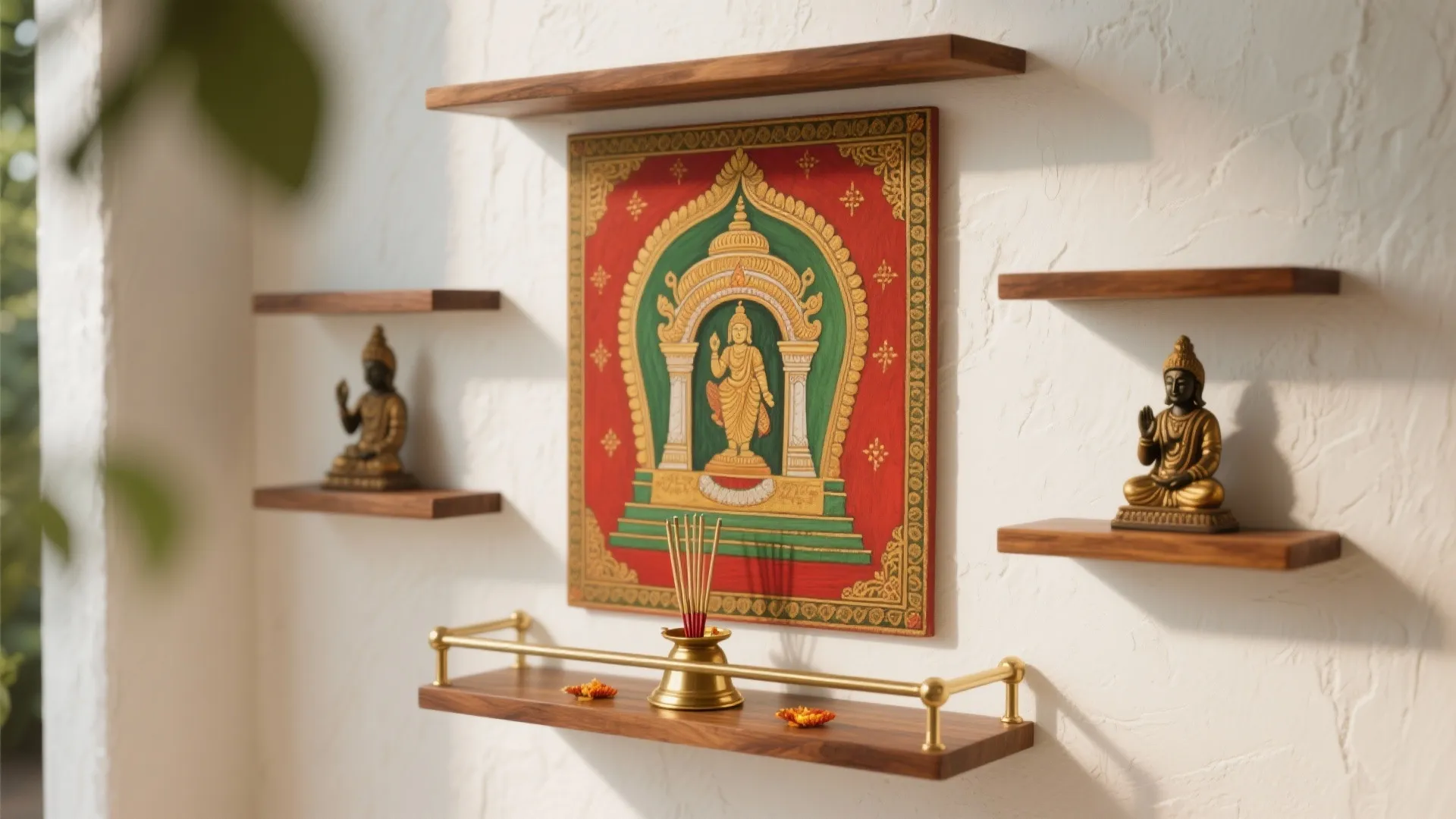Kerala Mural Backdrop with Floating Shelves and Bell Rail