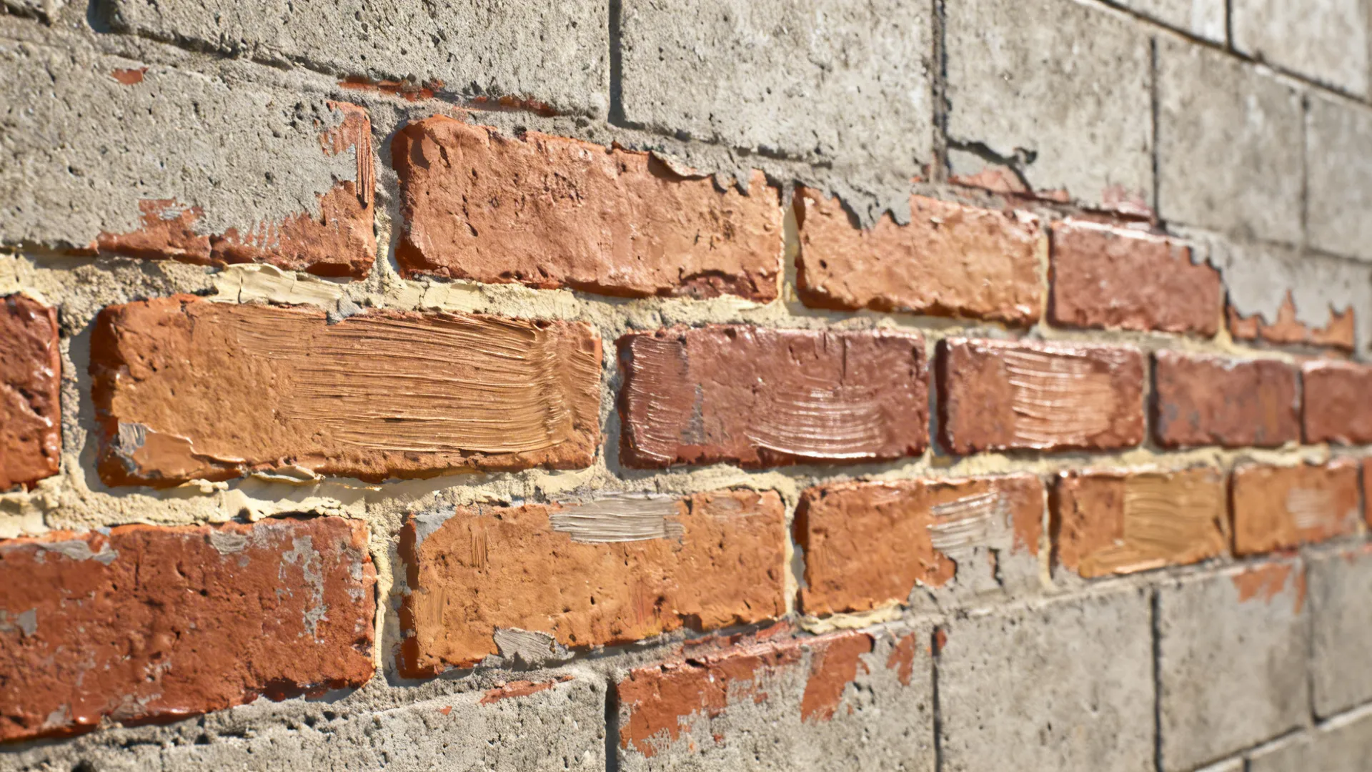 Close-up of a faux brick mural painted on a primed concrete block wall showing brush texture.
