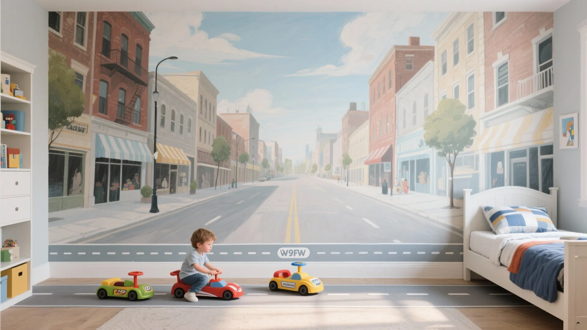 Child's bedroom with a painted streetscape mural and removable decal lane, showing scale and playful staging.