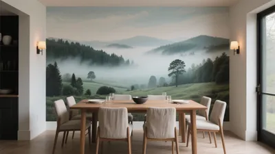 Serene Dining Room with Mountain Wall Mural