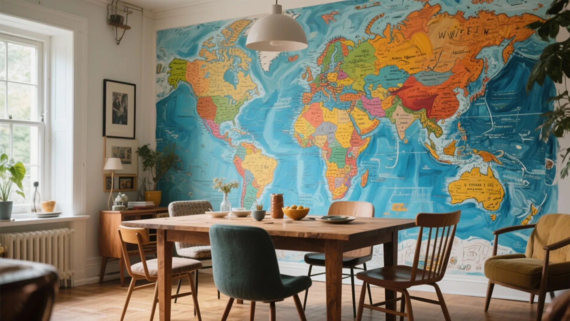 Dining table with hand-painted mural of colorful world map