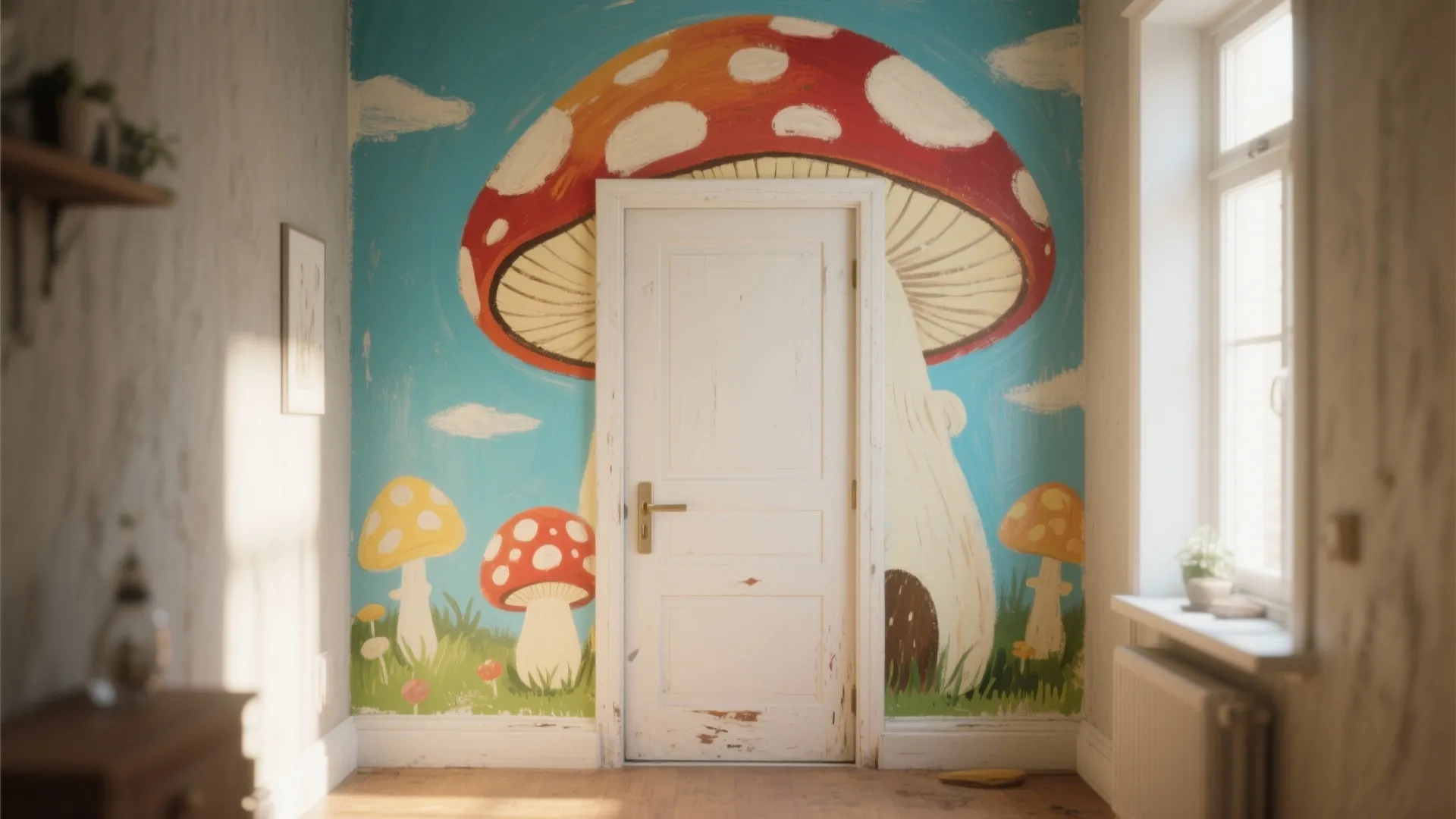 White door on a blue wall painted with a large red mushroom and smaller mushrooms