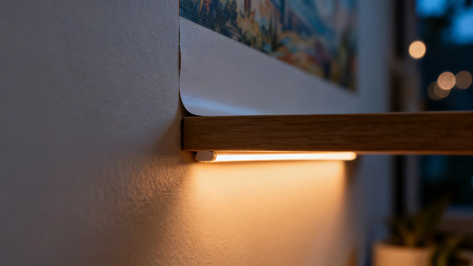 Close-up of a peel-and-stick mural edge with warm LED strip glow under a shelf.
