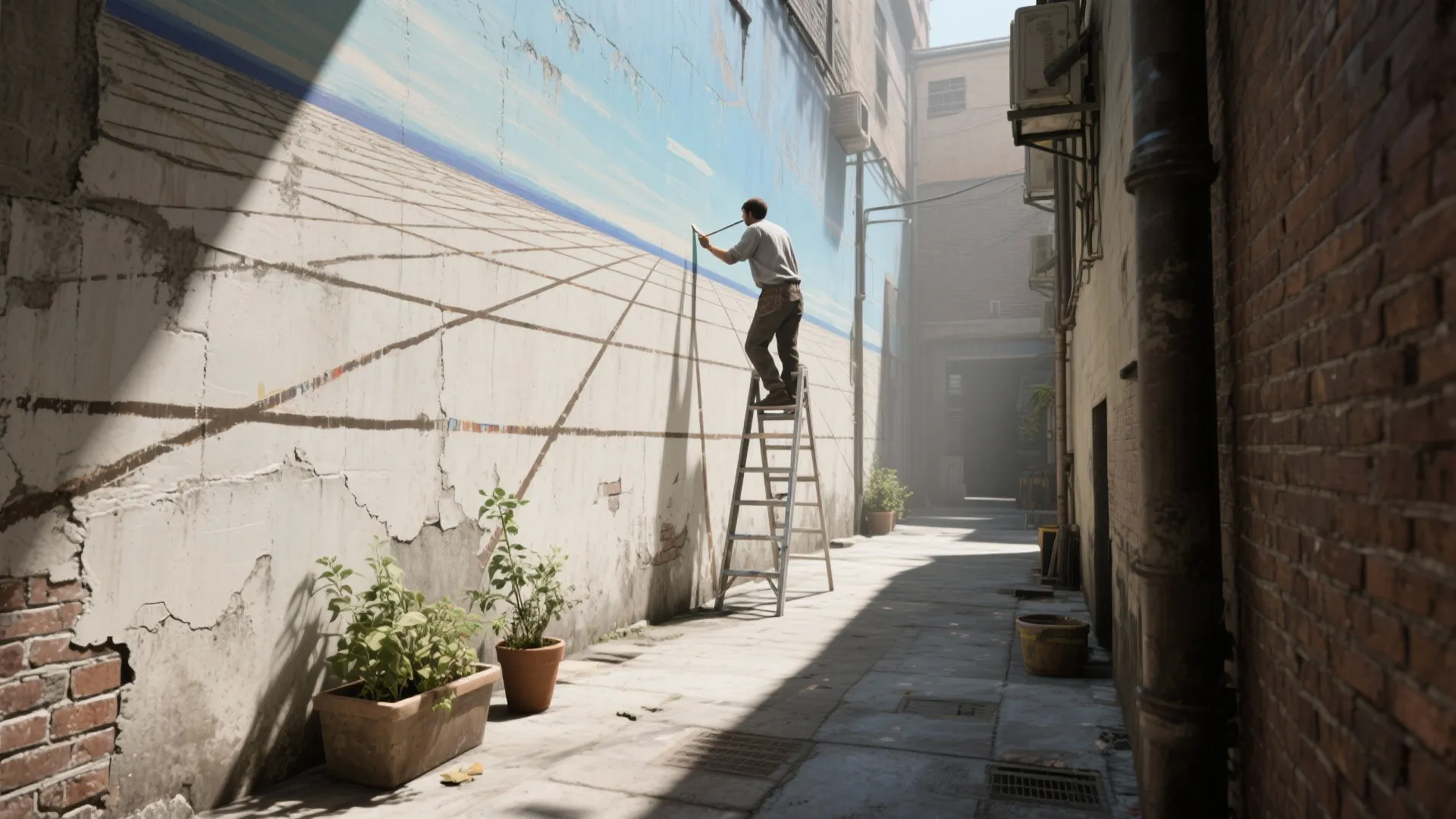 Man on tall ladder painting blue mural on a long wall in a narrow city alley
