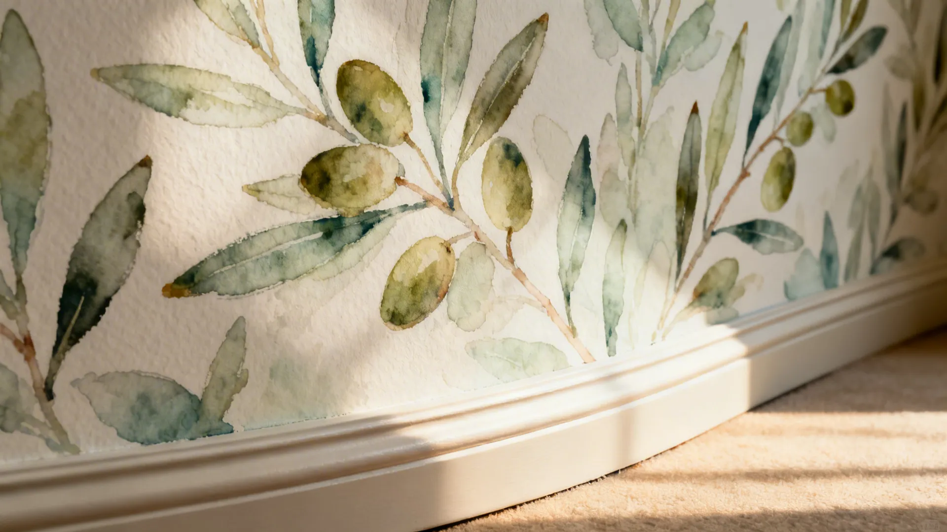 Close up of olive branch mural wallpaper with green leaves and white wall panel bottom