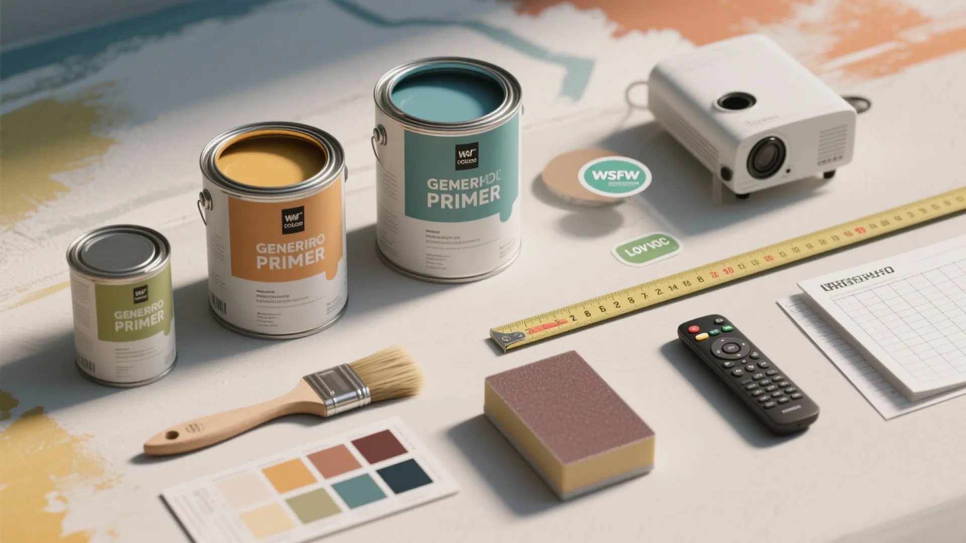 Paint cans with brushes and color swatches on a table for a home renovation project