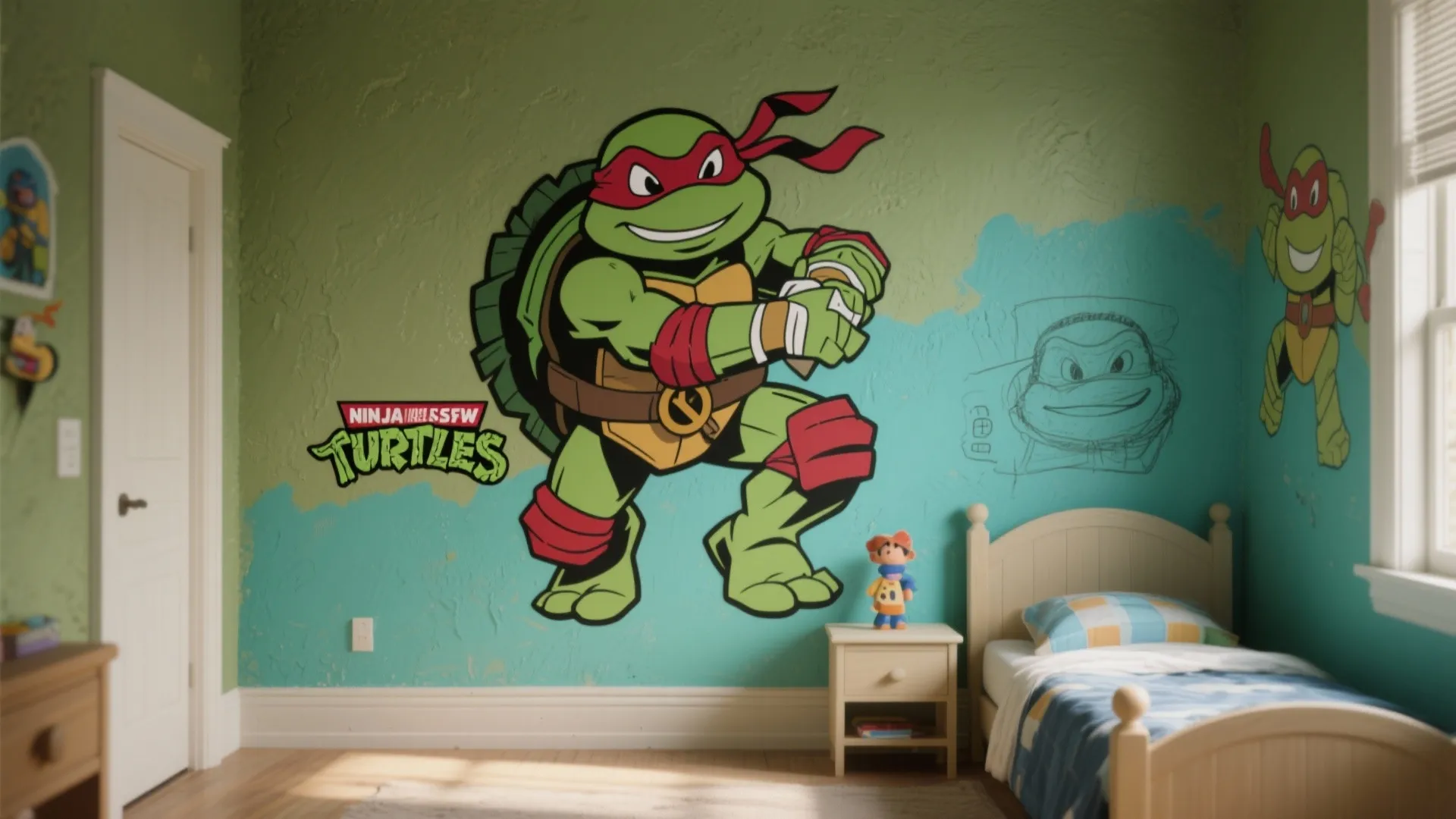 Feature wall with a removable Ninja Turtles mural and a small paint-friendly sketch area in a child's bedroom.