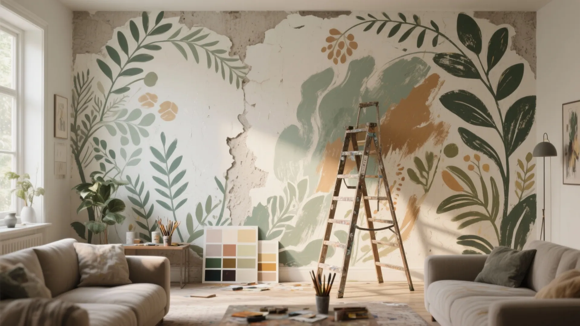 Modern living room with two sofas a tall wooden ladder and large leaf wall mural