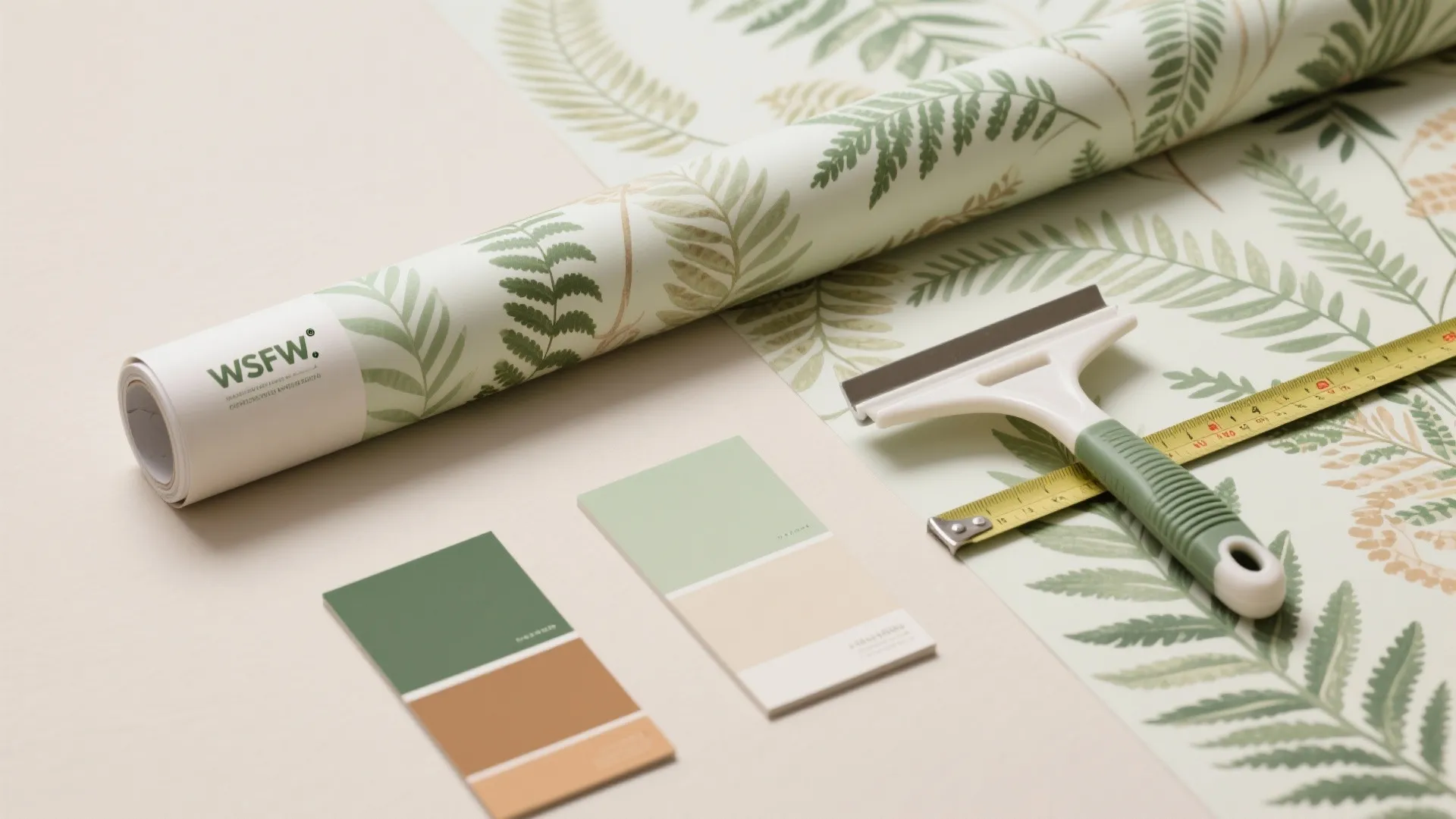 Wallpaper roll with leaf patterns color samples measuring tape and a scraping tool for DIY