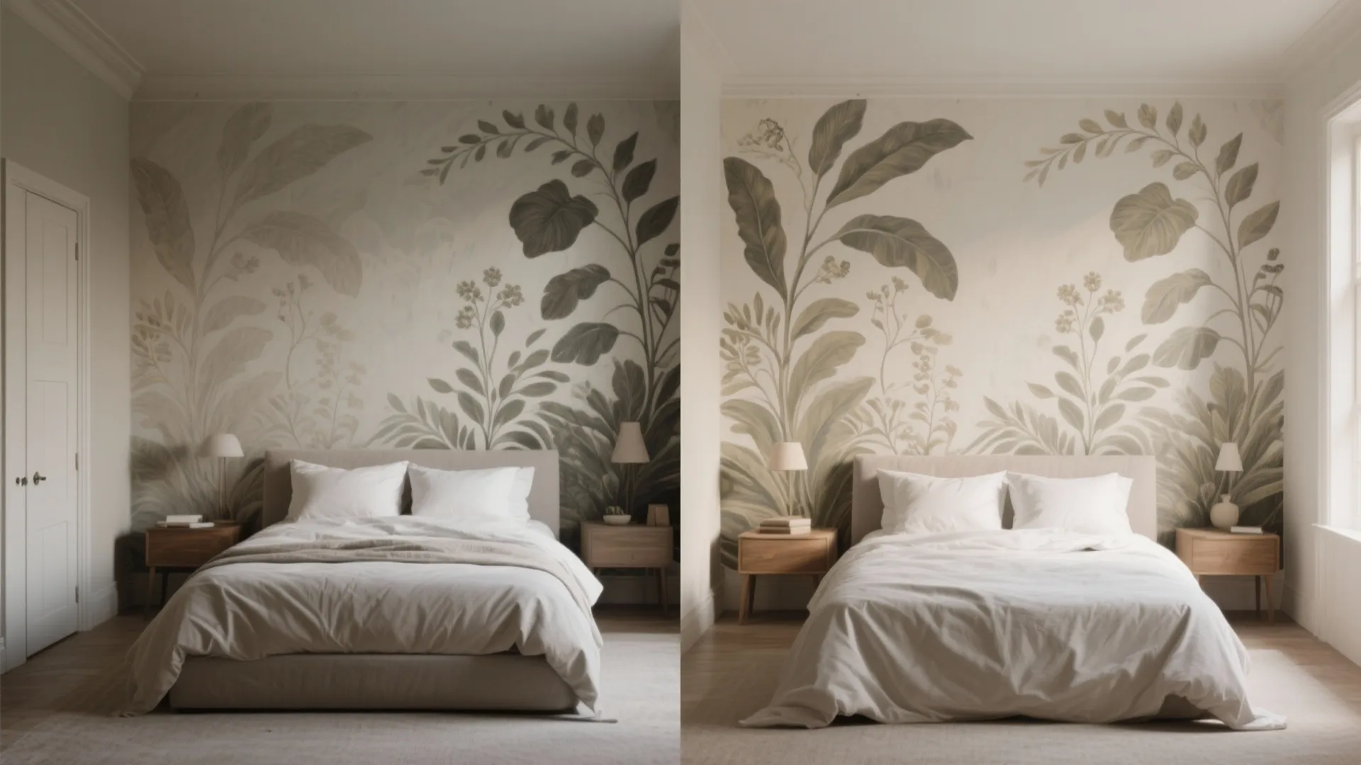 Symmetrical bedroom setup with large botanical leaf wall art behind a comfortable white bed and pillows