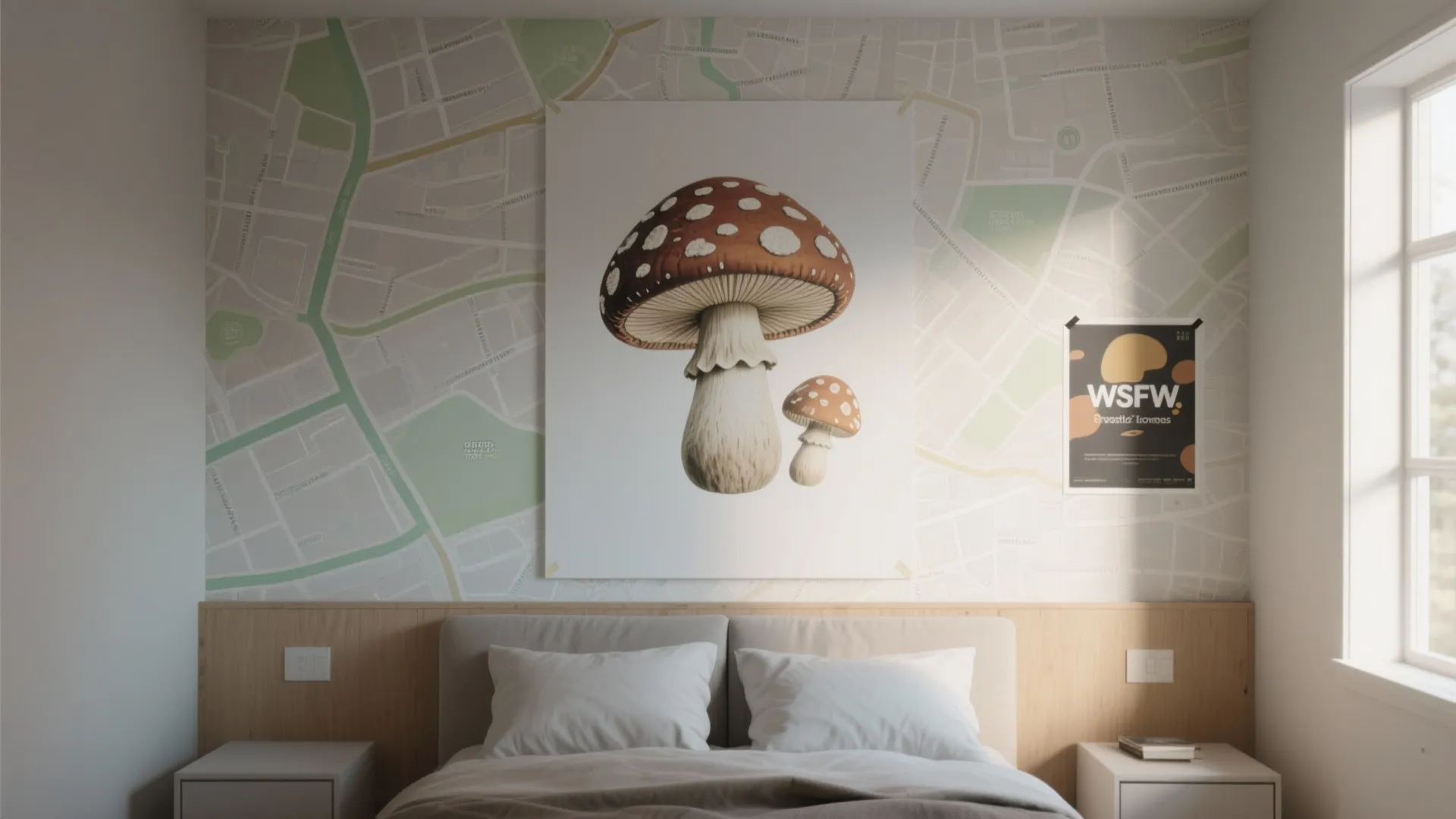 Compact bedroom showing a single removable wallpaper mural with stylized mushroom patch and poster test for scale.