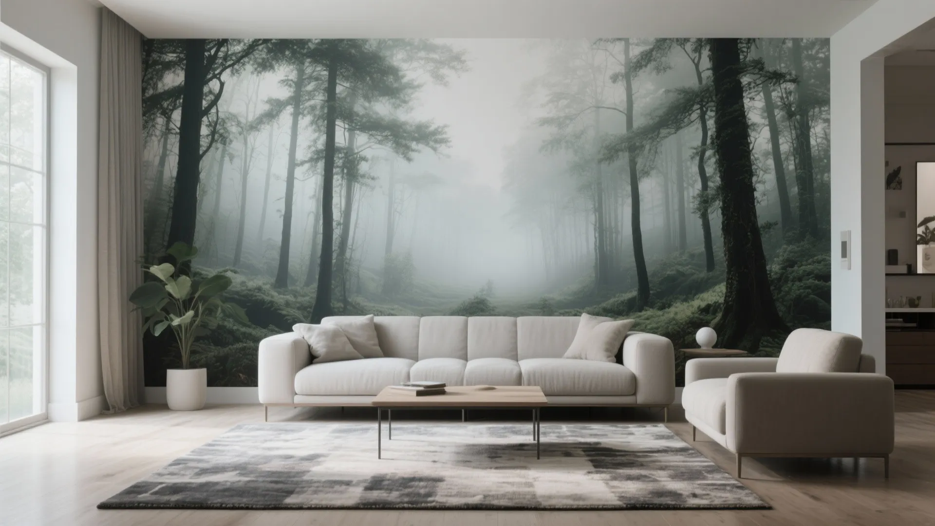 Misty forest mural wallpaper creating an immersive living room backdrop
