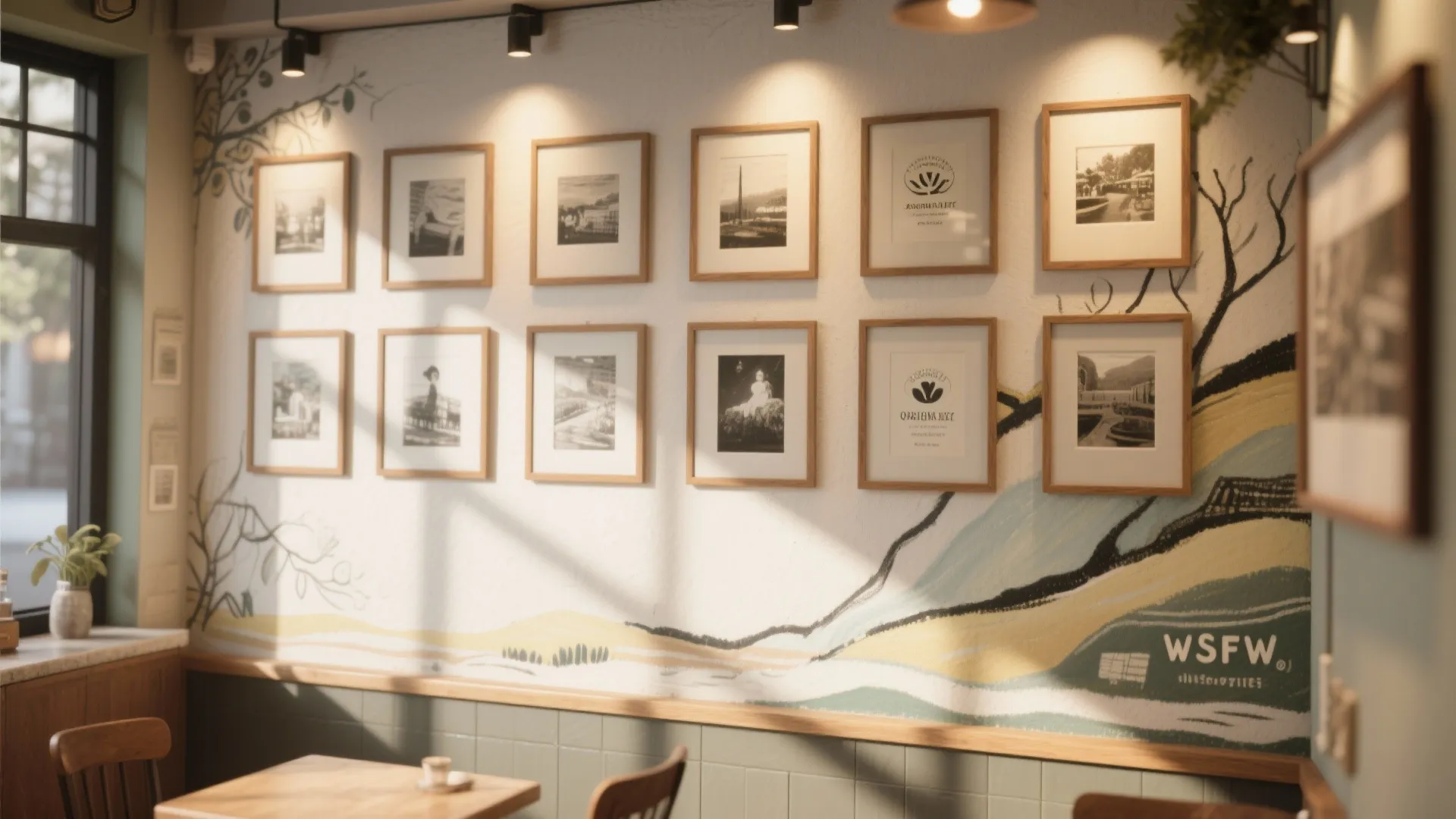 Cafe wall featuring multiple framed pictures on top of a hand painted colorful nature mural