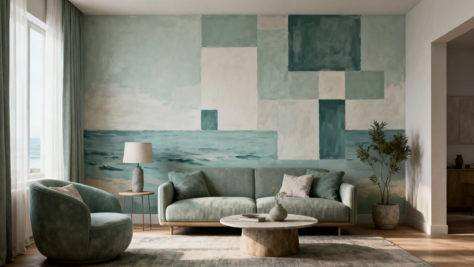 Living room with green geometric wall mural behind green sofa and round wooden coffee table