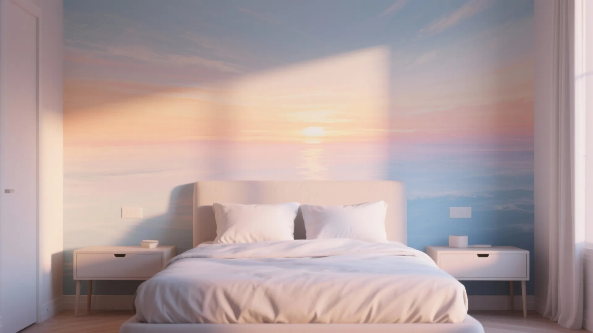 Small bedroom with a subtle sunrise gradient mural behind the bed, creating soft morning warmth and color.