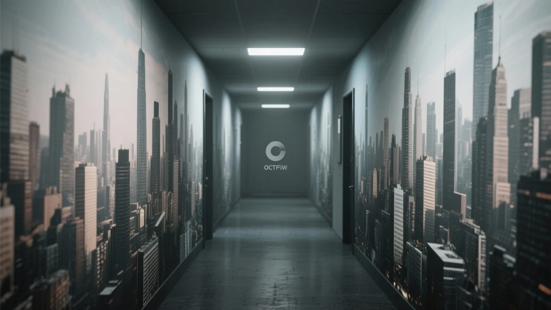 Modern hallway featuring city skyline wall murals on both sides with bright ceiling lights and floor