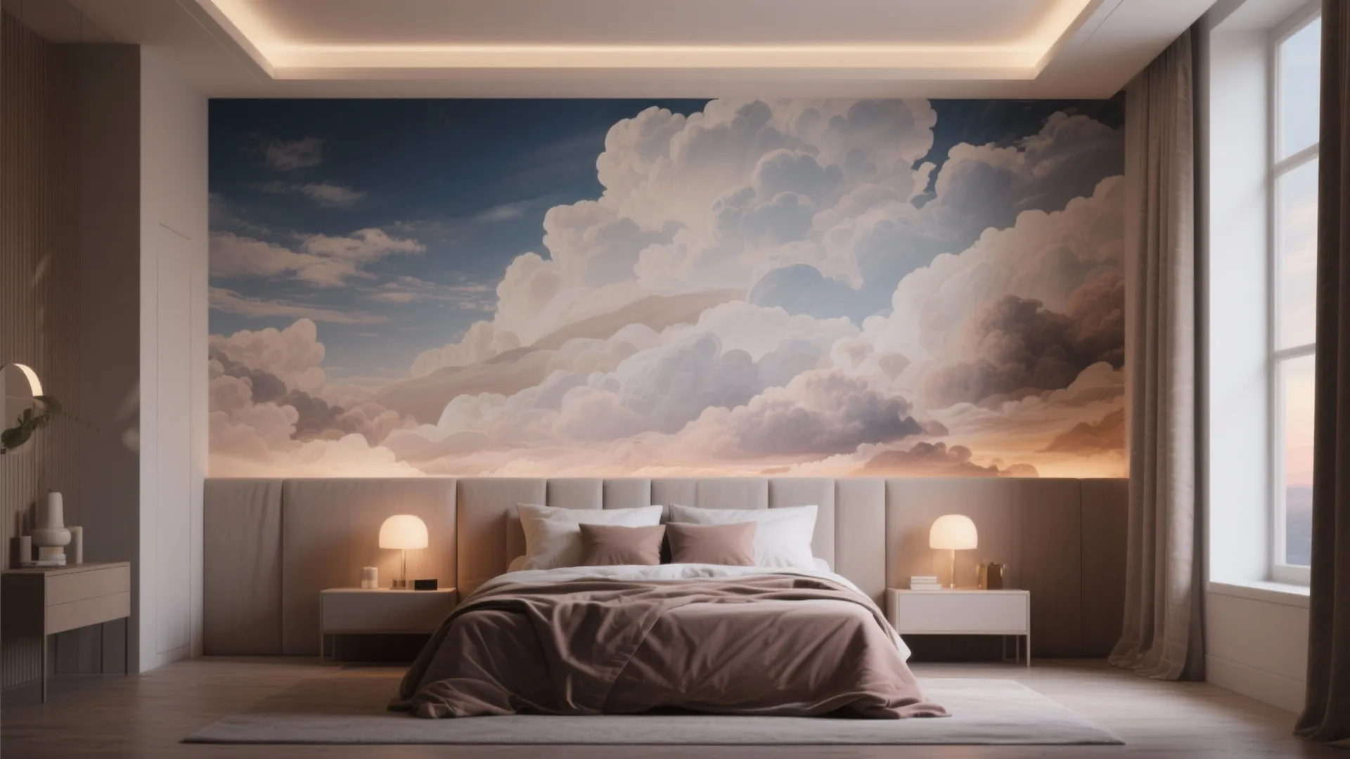Modern bedroom featuring large cloud wall mural behind bed with two warm bedside table fixtures