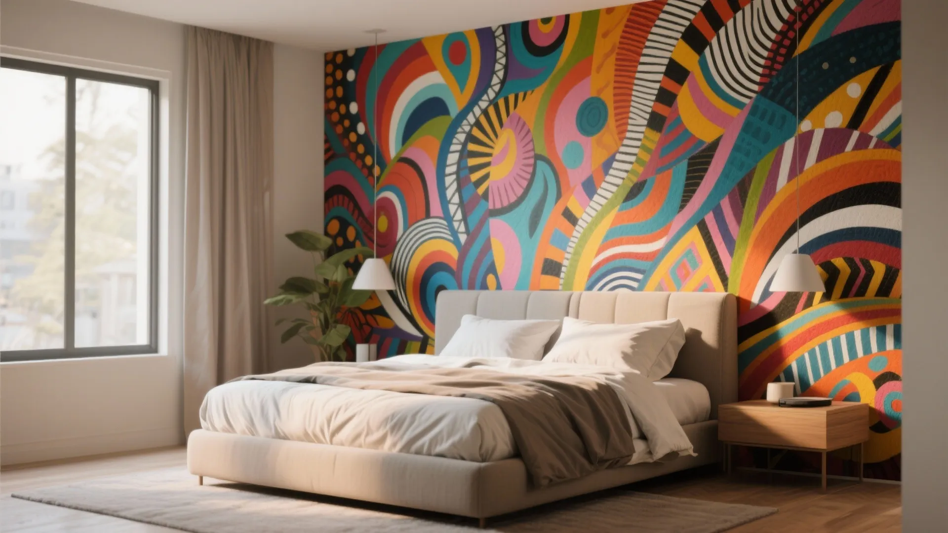 Bedroom featuring a colorful wall pattern behind the bed with white lights and large windows