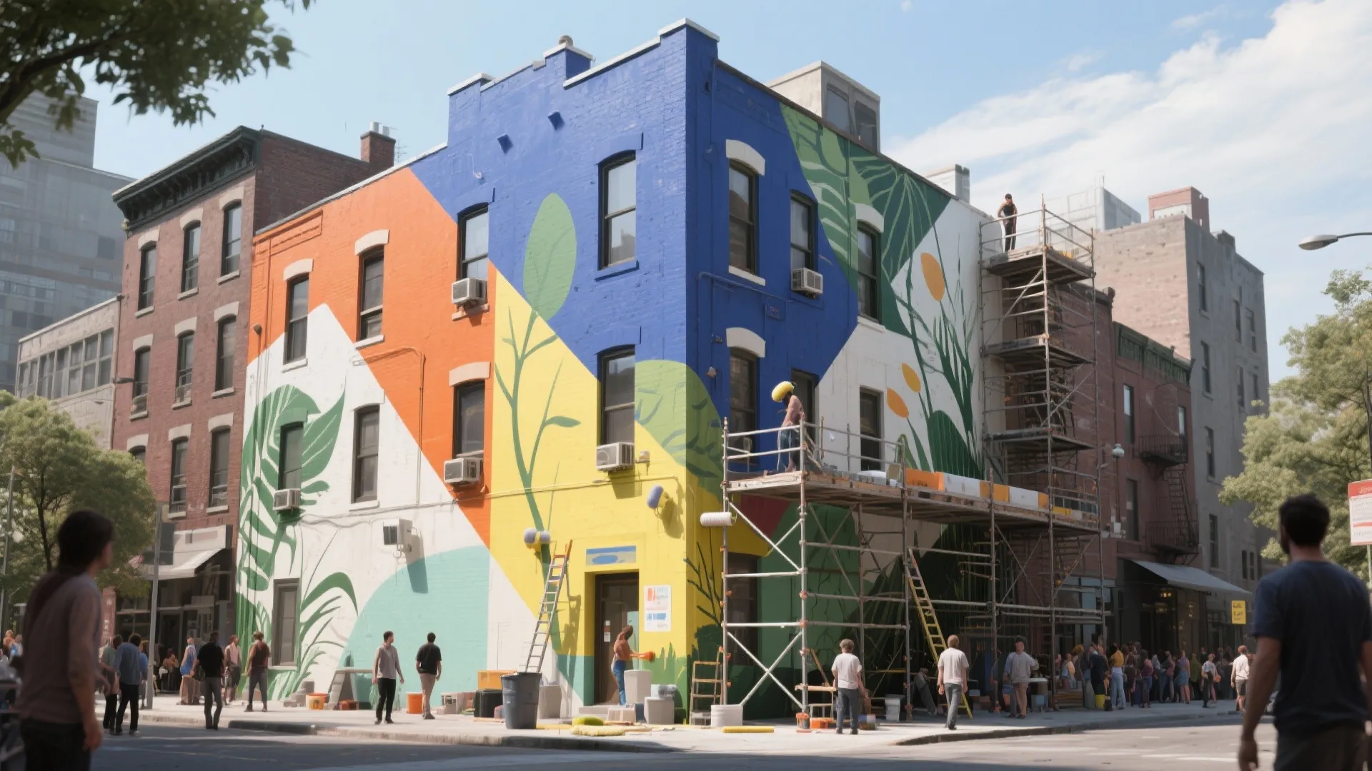 Workers painting a large colorful mural on a city building wall using scaffolding and ladders