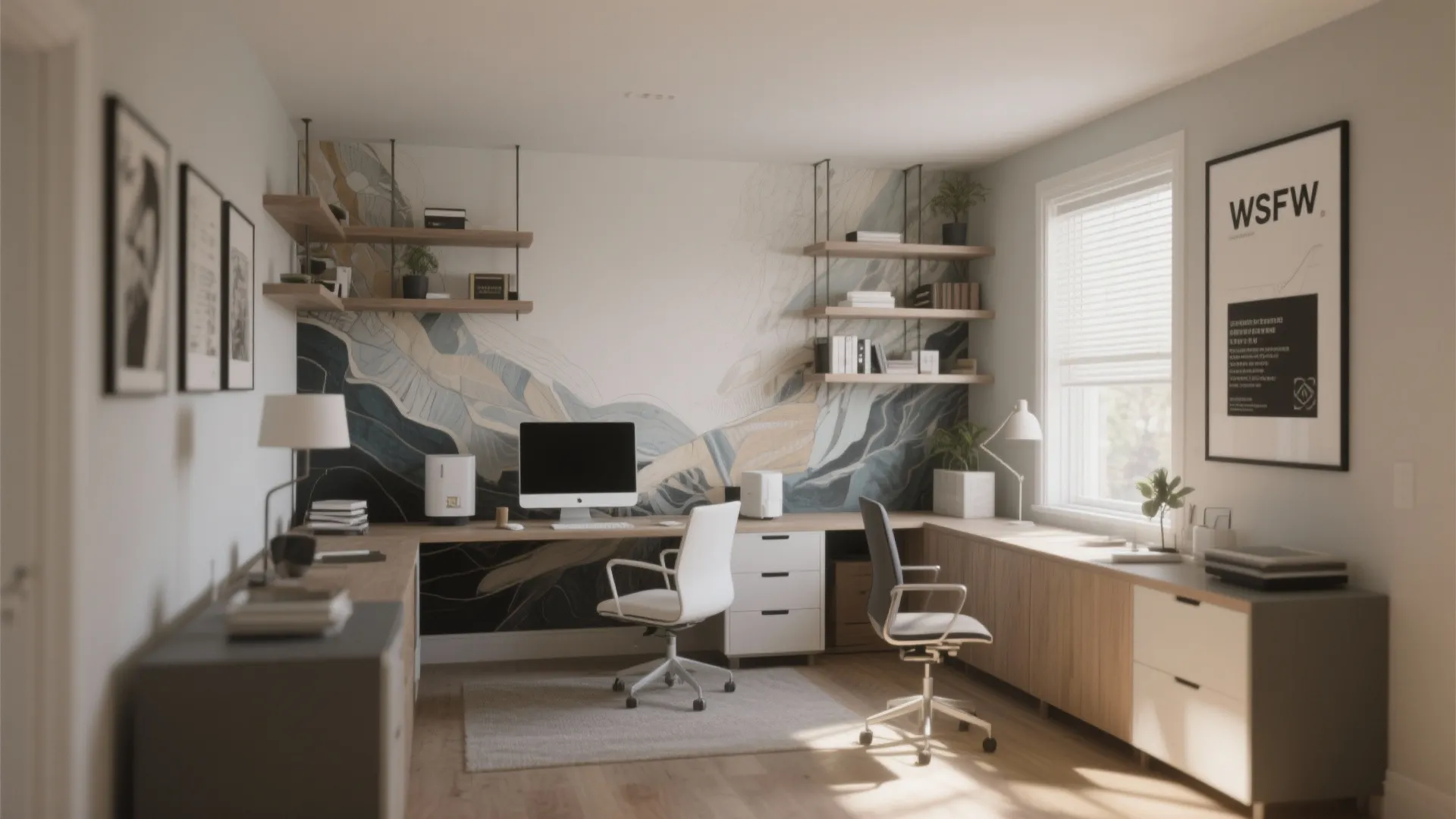 Home office with mountain mural wall wooden desk white chair wall shelves and natural light