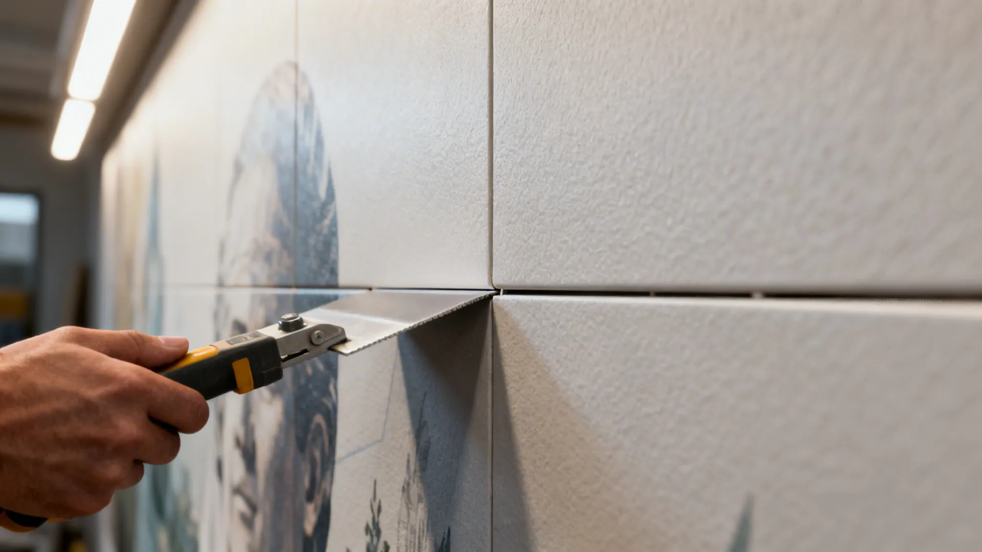 Macro view of a matte-finish mural surface and installer aligning a seam to avoid misalignment.
