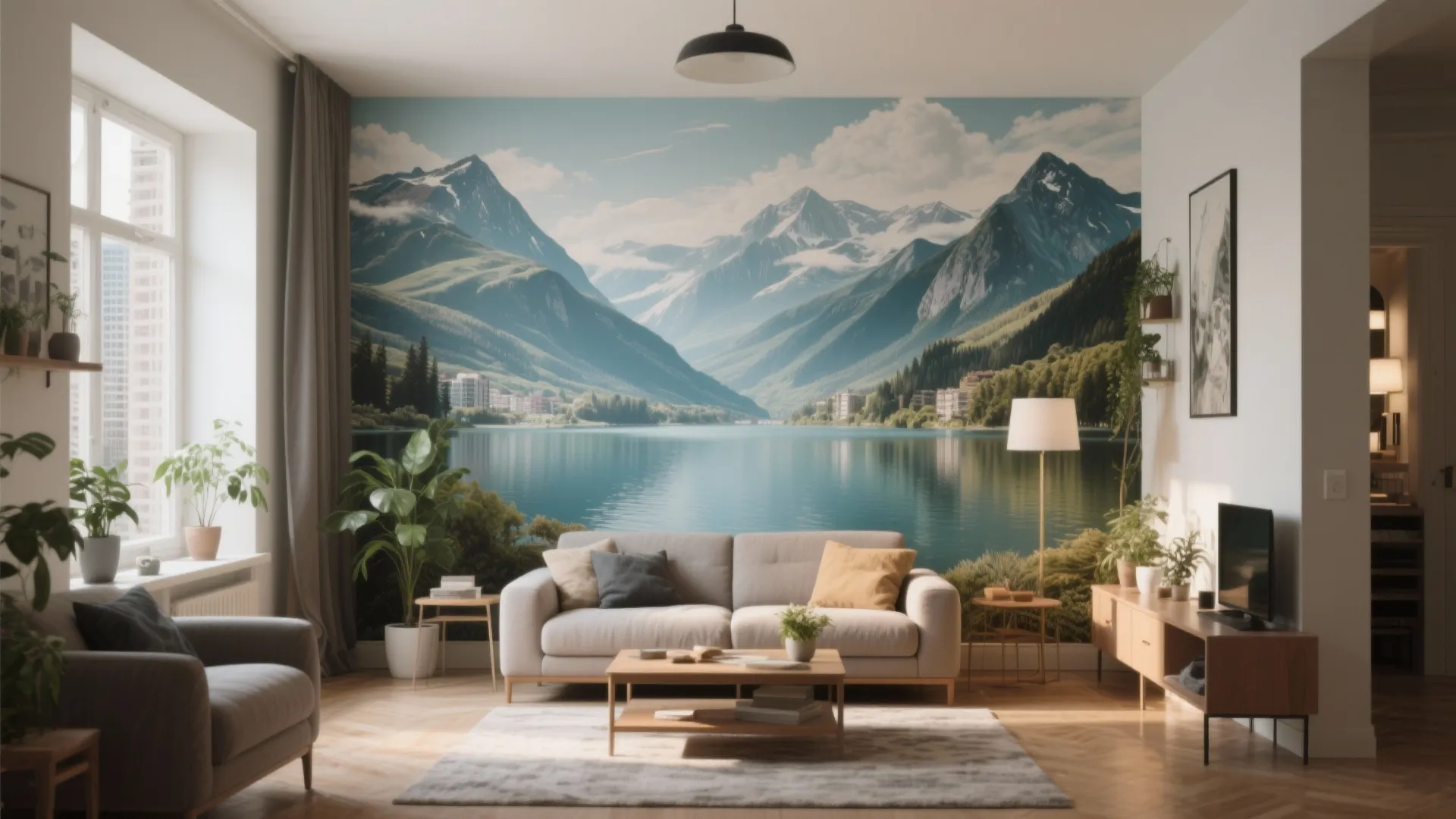 Wall mural of mountains and lake expanding space in a city apartment