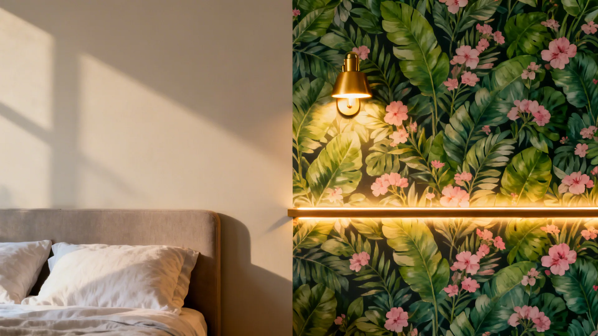 Before-and-after of a wall updated with a peel-and-stick mural and warm glow lighting.