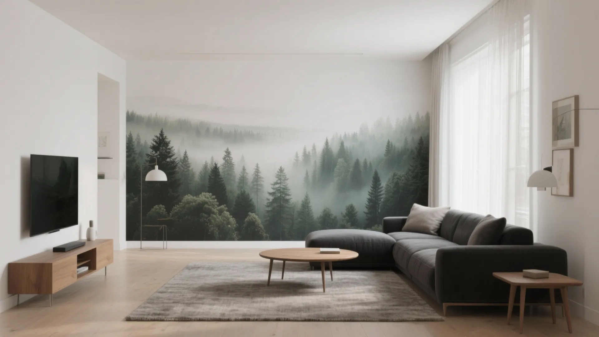 Living room interior design featuring misty forest wallpaper dark sofa wooden cabinet and large rug area