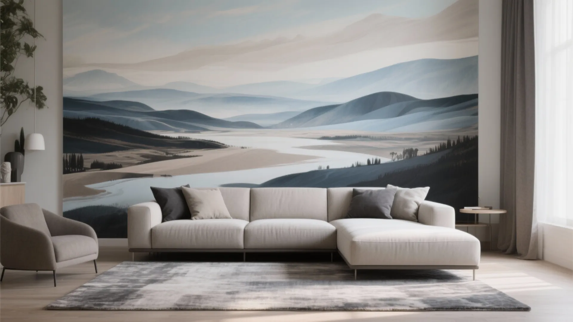 Spacious living room with large mountain landscape wall mural behind a white modern corner sofa