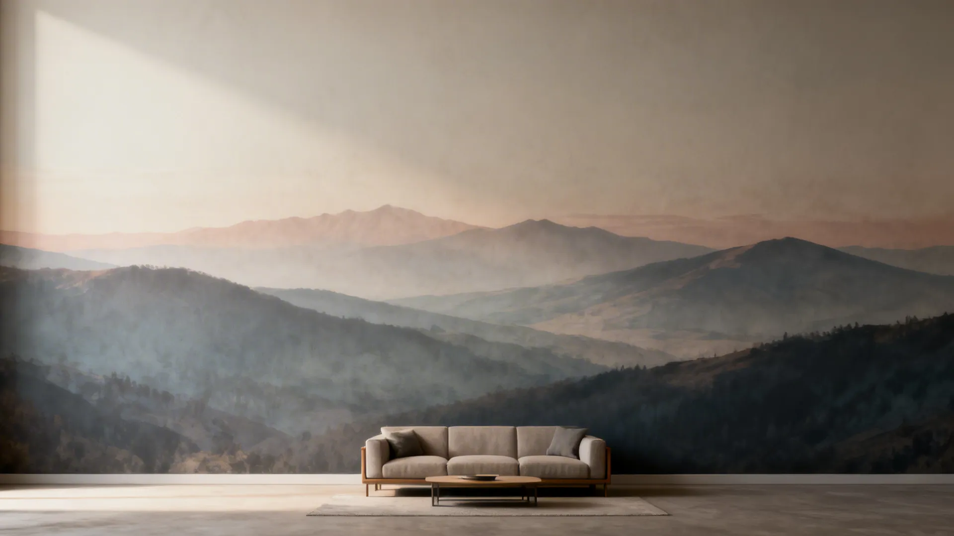 Small living room visually extended by a tonal landscape mural wallpaper behind low-profile furniture.