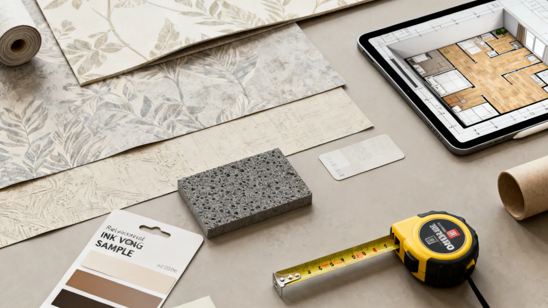 Flatlay of removable wallpaper swatches, acoustic panel sample and a tablet with a 3D planner.
