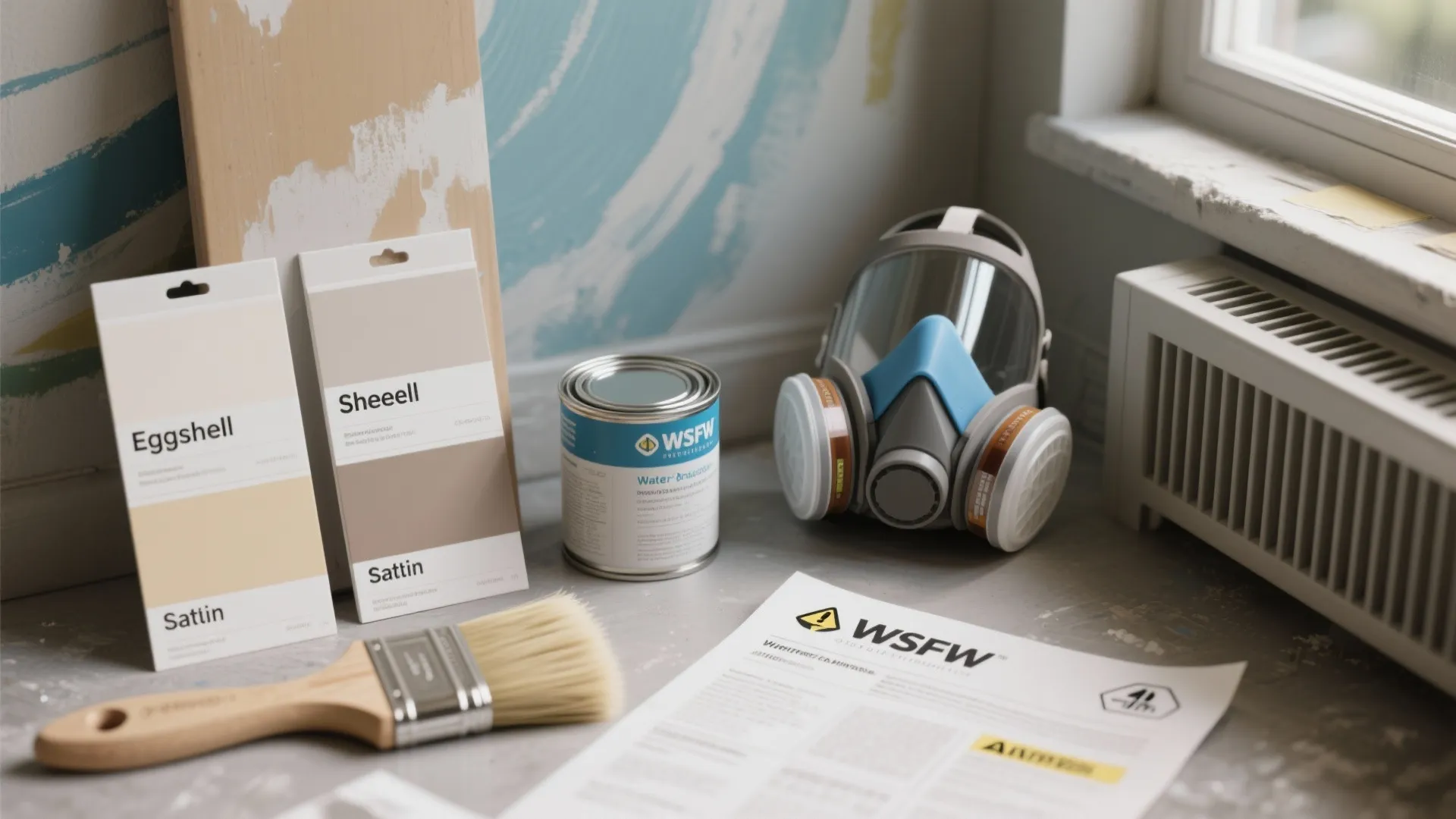 Close-up of paint finish swatches, brush, respirator and SDS sheet illustrating material choices and safety for murals.