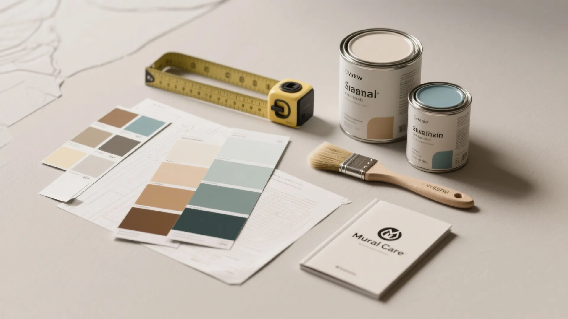 Flatlay of mural materials including paint chips, vinyl samples, measurement tape, and brushes.