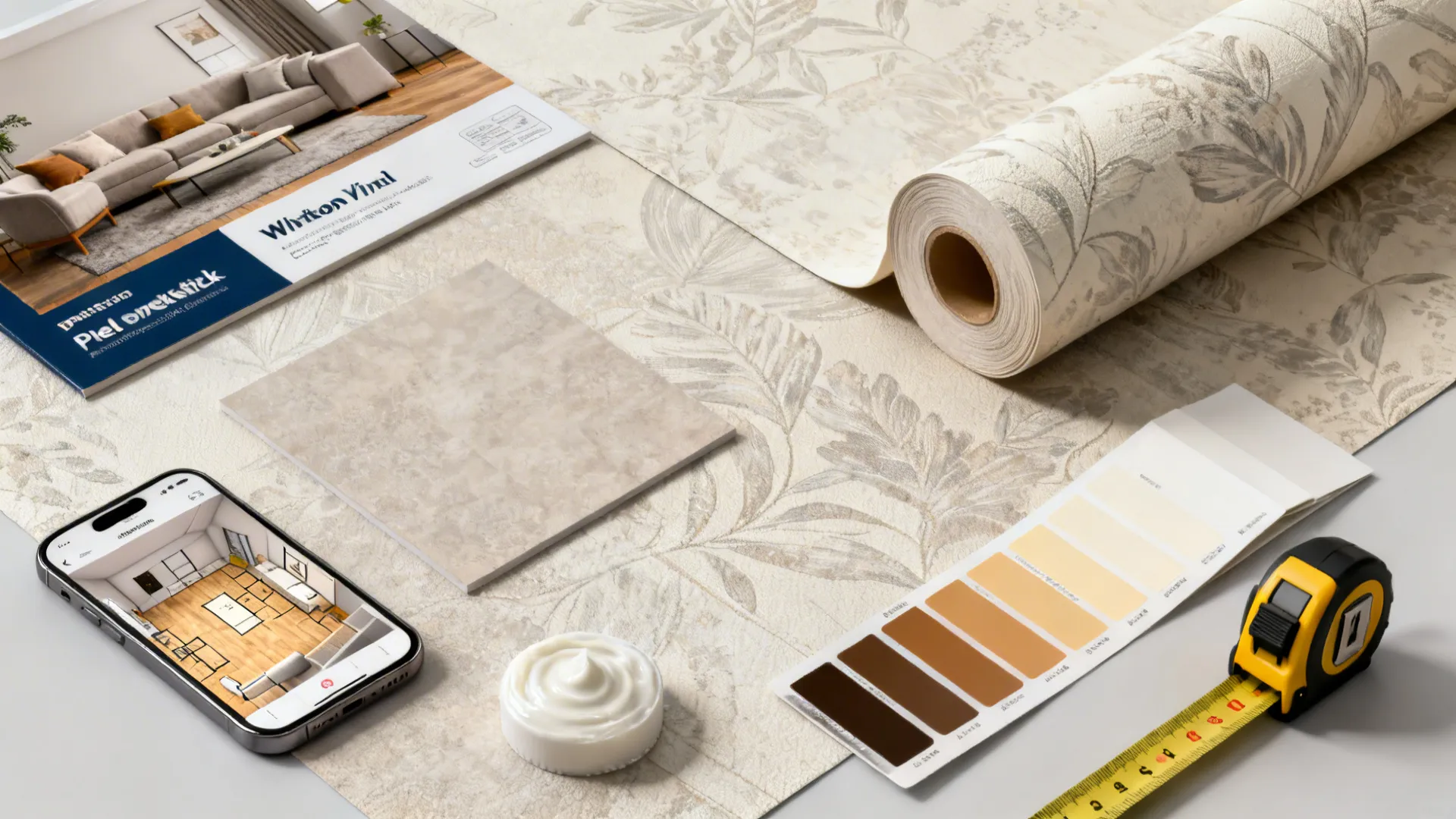 Flatlay of mural materials: vinyl samples, wallpaper roll, swatches, and a 3D planner on a phone.