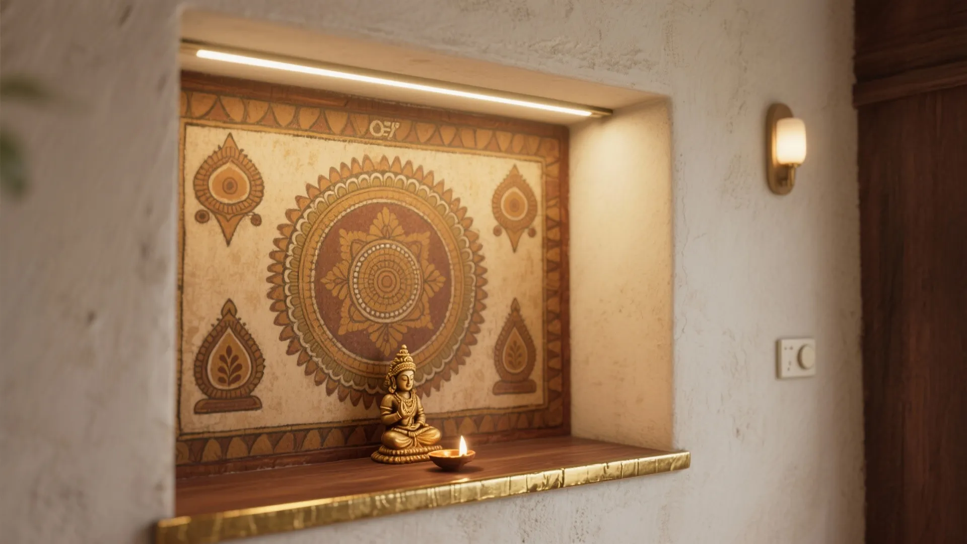 3) Mural-back niche with warm lighting