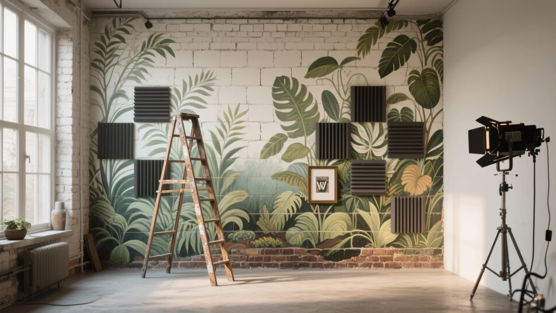 Spacious room with tropical leaf wall mural, wooden ladder, studio light, and large white window