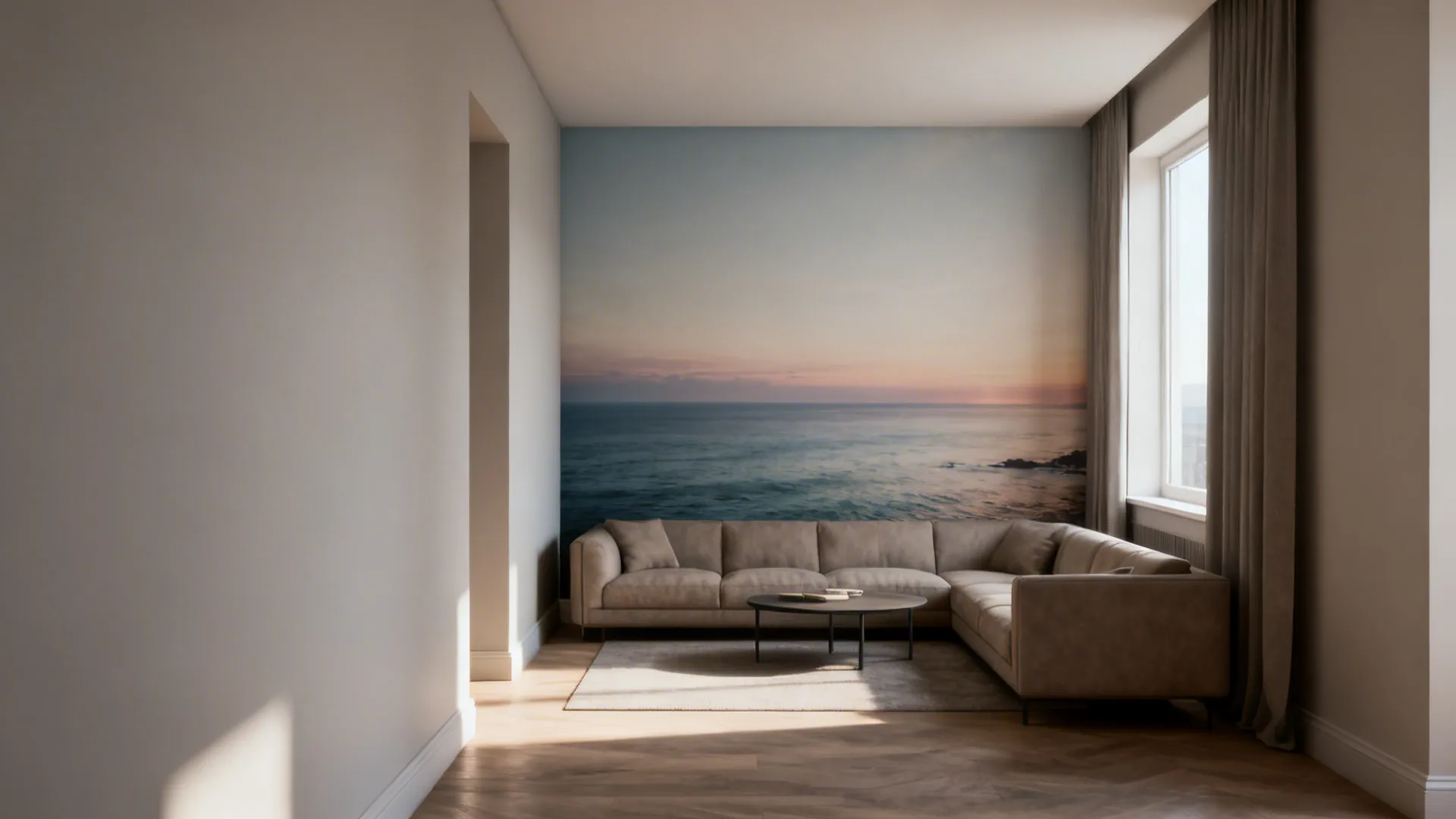 Narrow living room with soft-toned coastal panoramic mural creating visual expansion