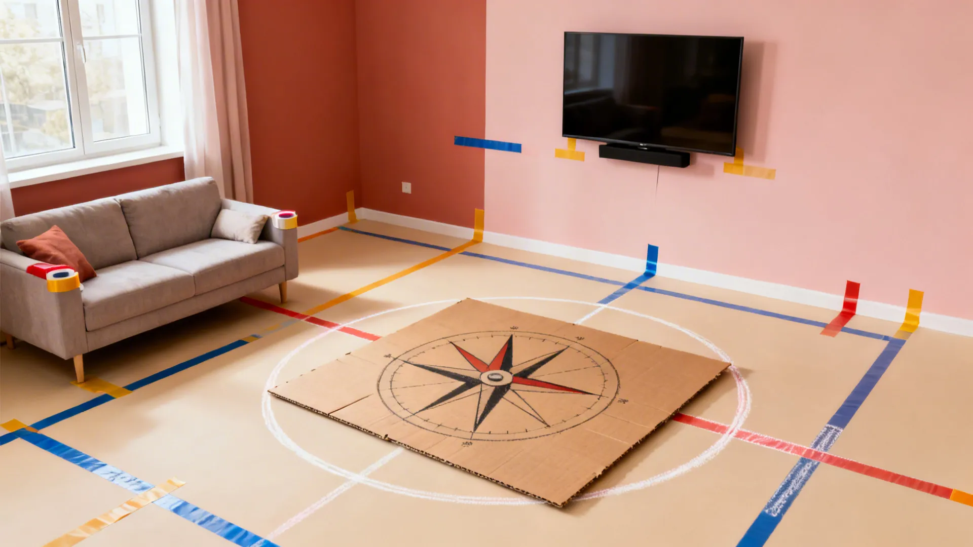 Top-down planning layout for a geometric mural aligned with seating and window.